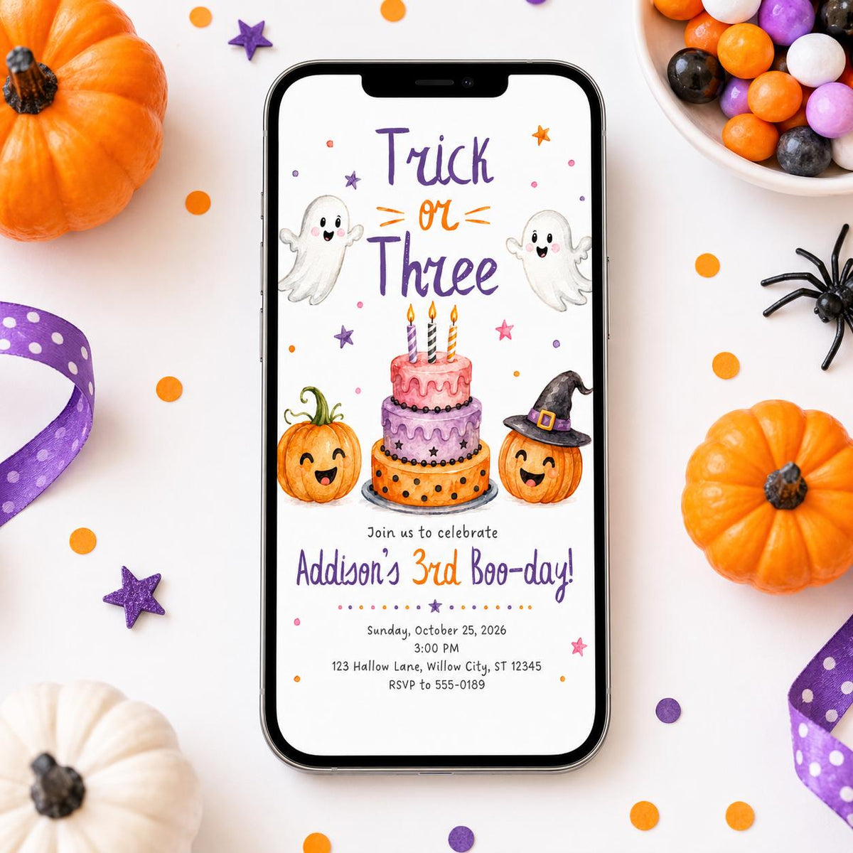 Pumpkin Trick or Three Invitation for Girls — digital invitation, instant download