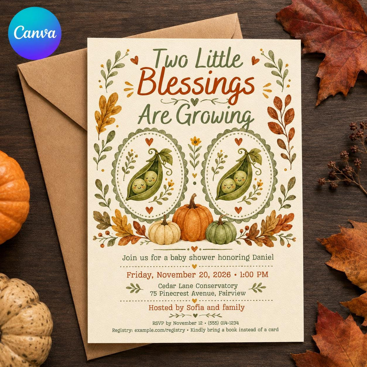 Pumpkin Twin Baby Shower Invitation — editable Canva template