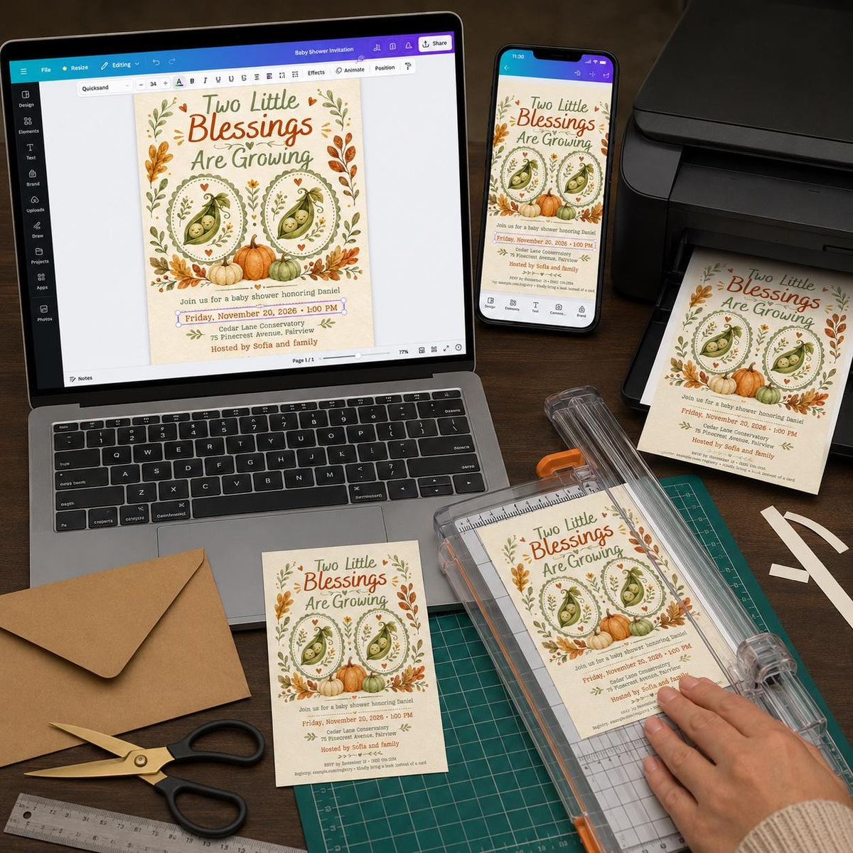 Pumpkin Twin Baby Shower Invitation — invitation you personalize in Canva