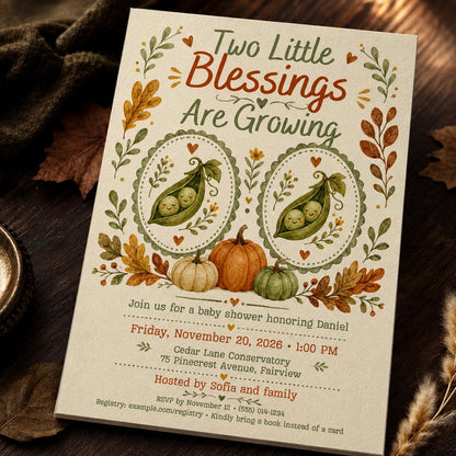 Pumpkin Twin Baby Shower Invitation — print-ready baby shower design from VoltBy