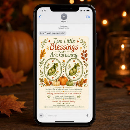 Pumpkin Twin Baby Shower Invitation — digital invitation, instant download