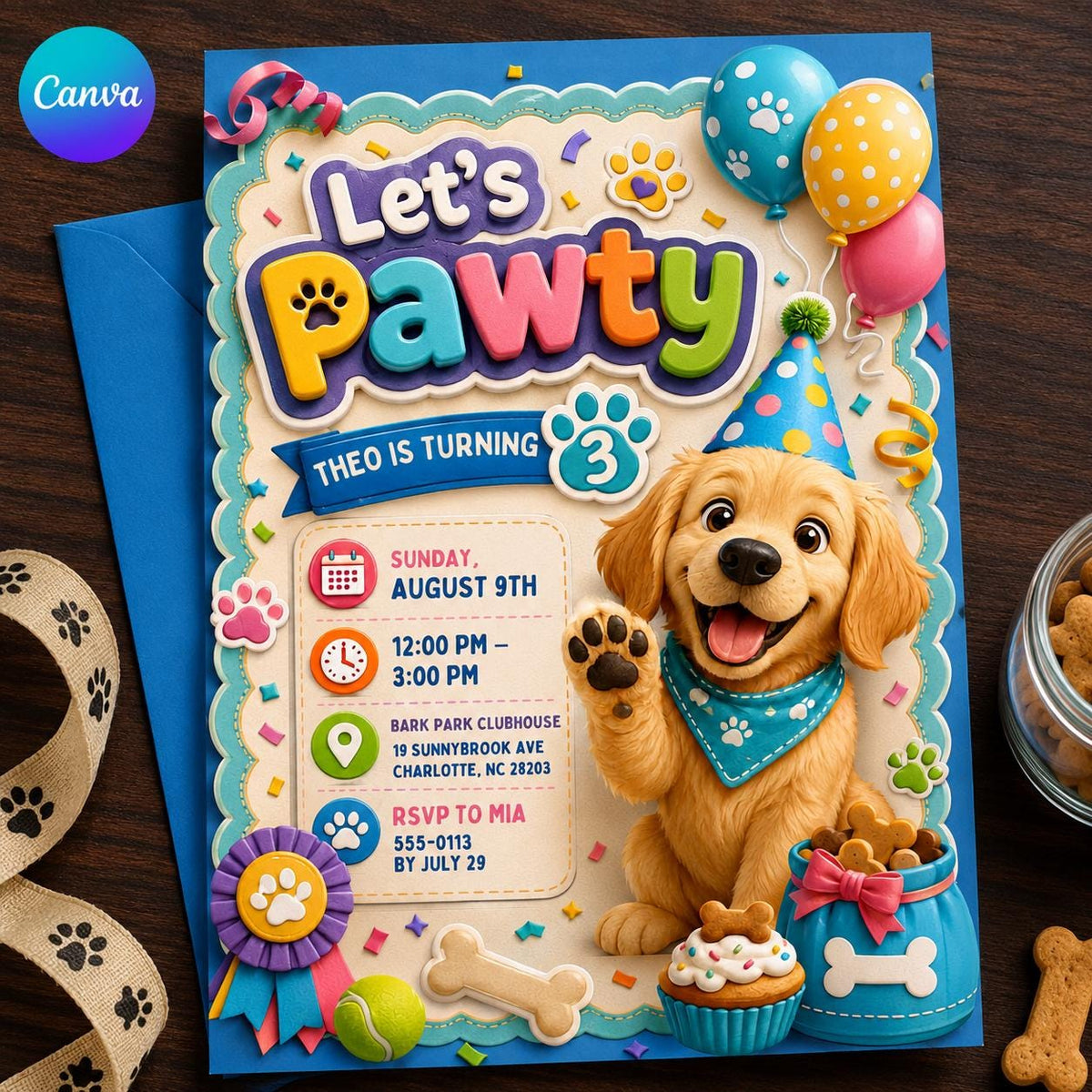 Puppy 3rd Birthday Invitation — editable Canva template