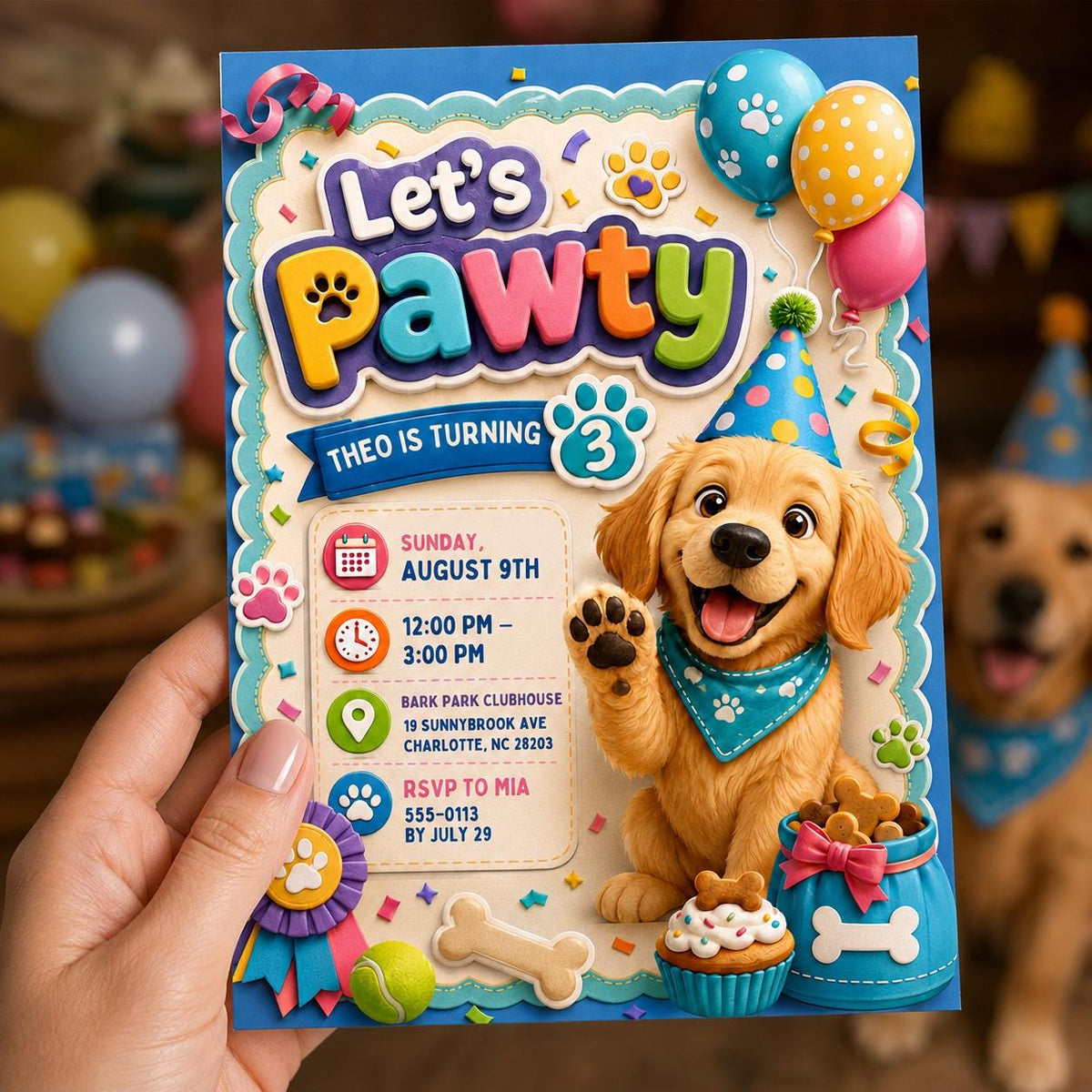 Puppy 3rd Birthday Invitation — print-ready 3rd birthday party design from VoltBy