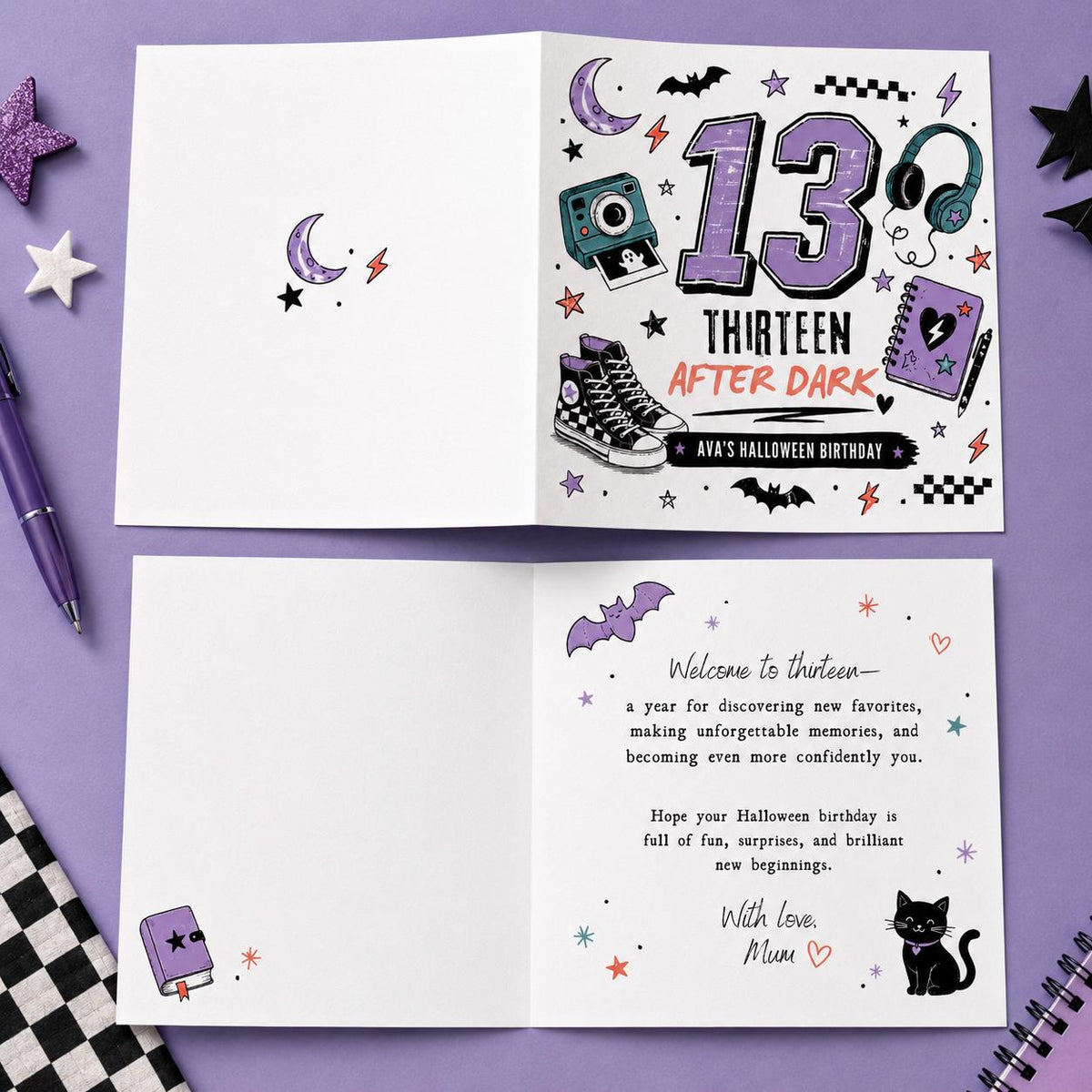 Purple 13th Halloween Birthday Greeting Card for Teen Girl — greeting card you personalize in Canva