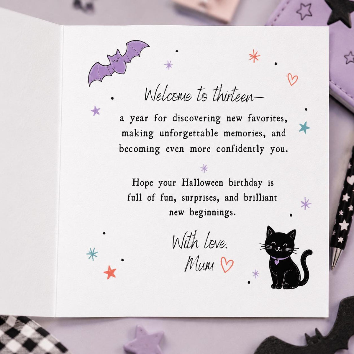 Purple 13th Halloween Birthday Greeting Card for Teen Girl — print-ready 13th birthday party design from VoltBy