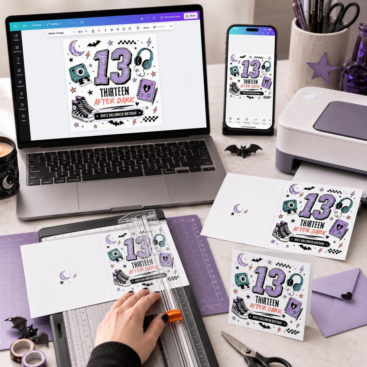 Purple 13th Halloween Birthday Greeting Card for Teen Girl — digital greeting card, instant download