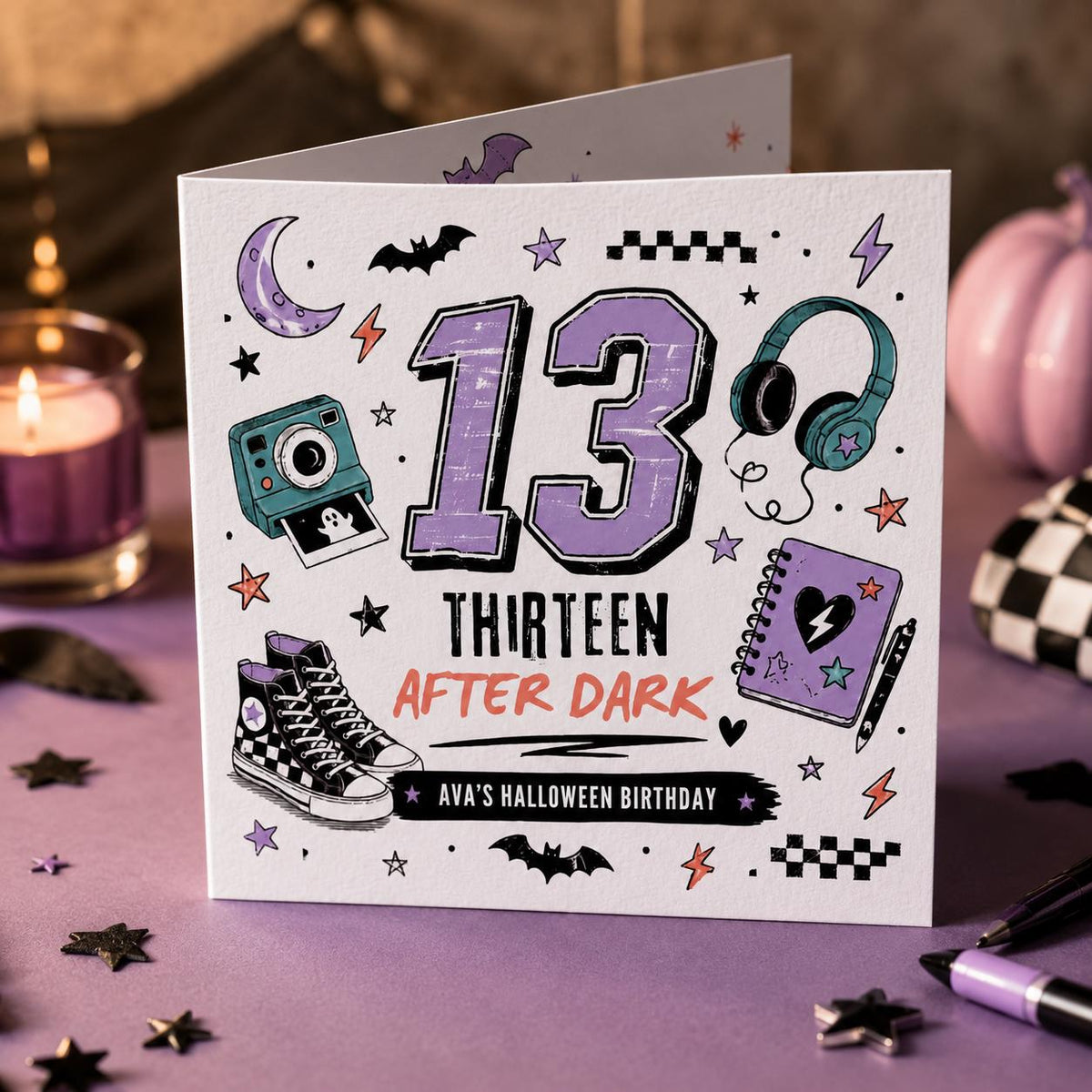 Purple 13th Halloween Birthday Greeting Card for Teen Girl — 13th birthday party stationery by VoltBy
