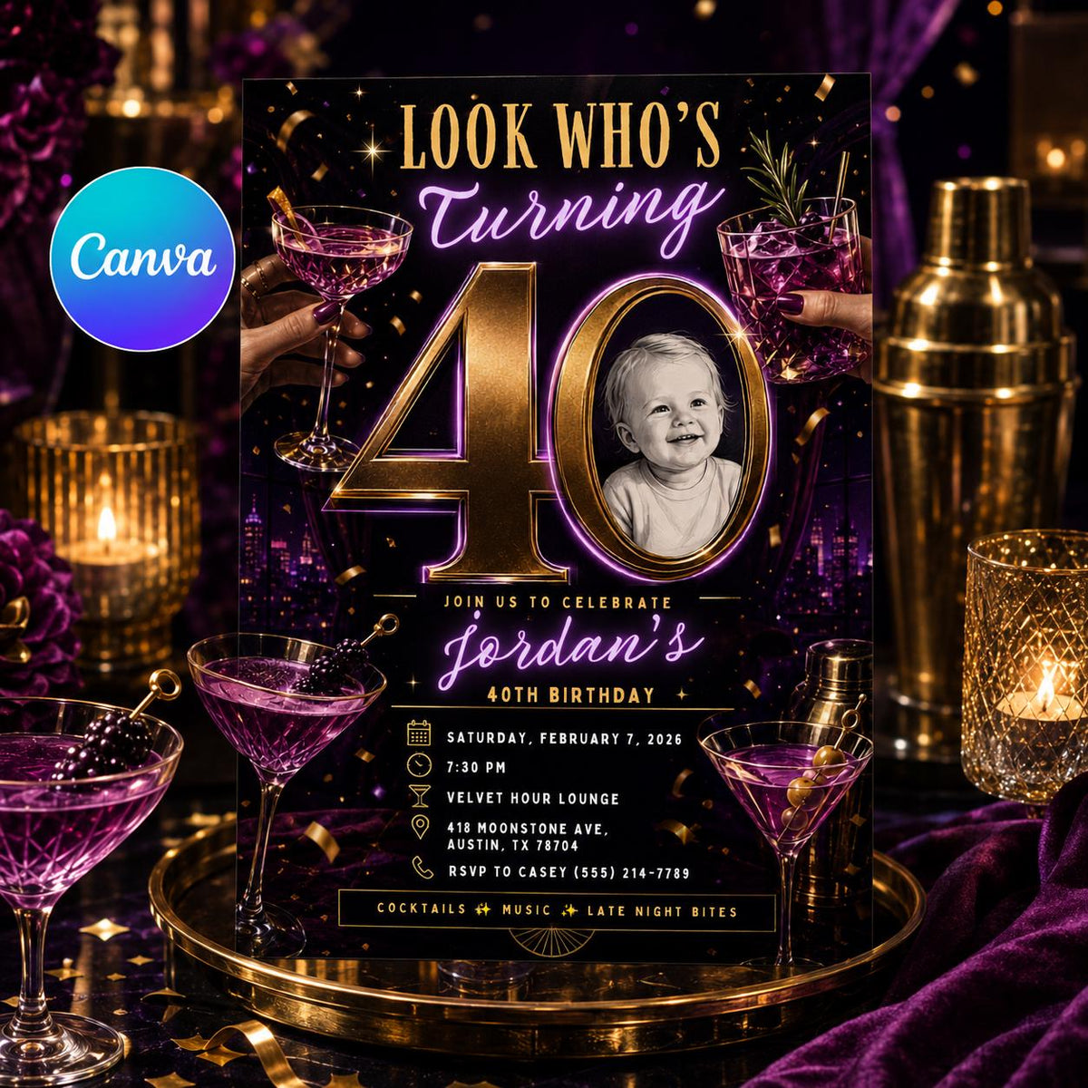 Purple and Gold 40th Birthday Invitation — editable Canva template