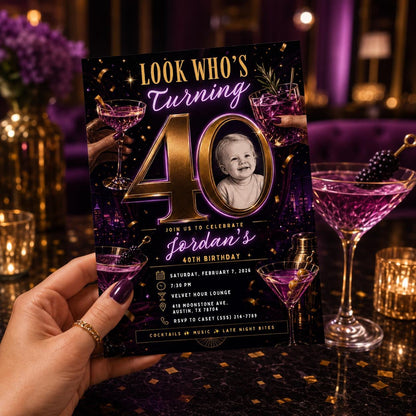 Purple and Gold 40th Birthday Invitation — digital invitation, instant download