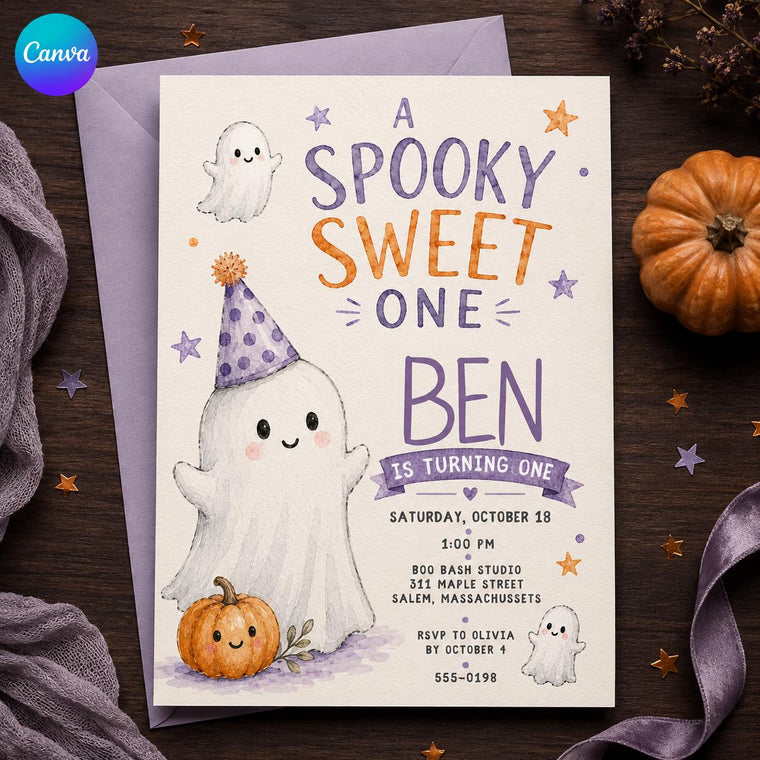 Purple and Orange Spooky Sweet One Birthday Invitation