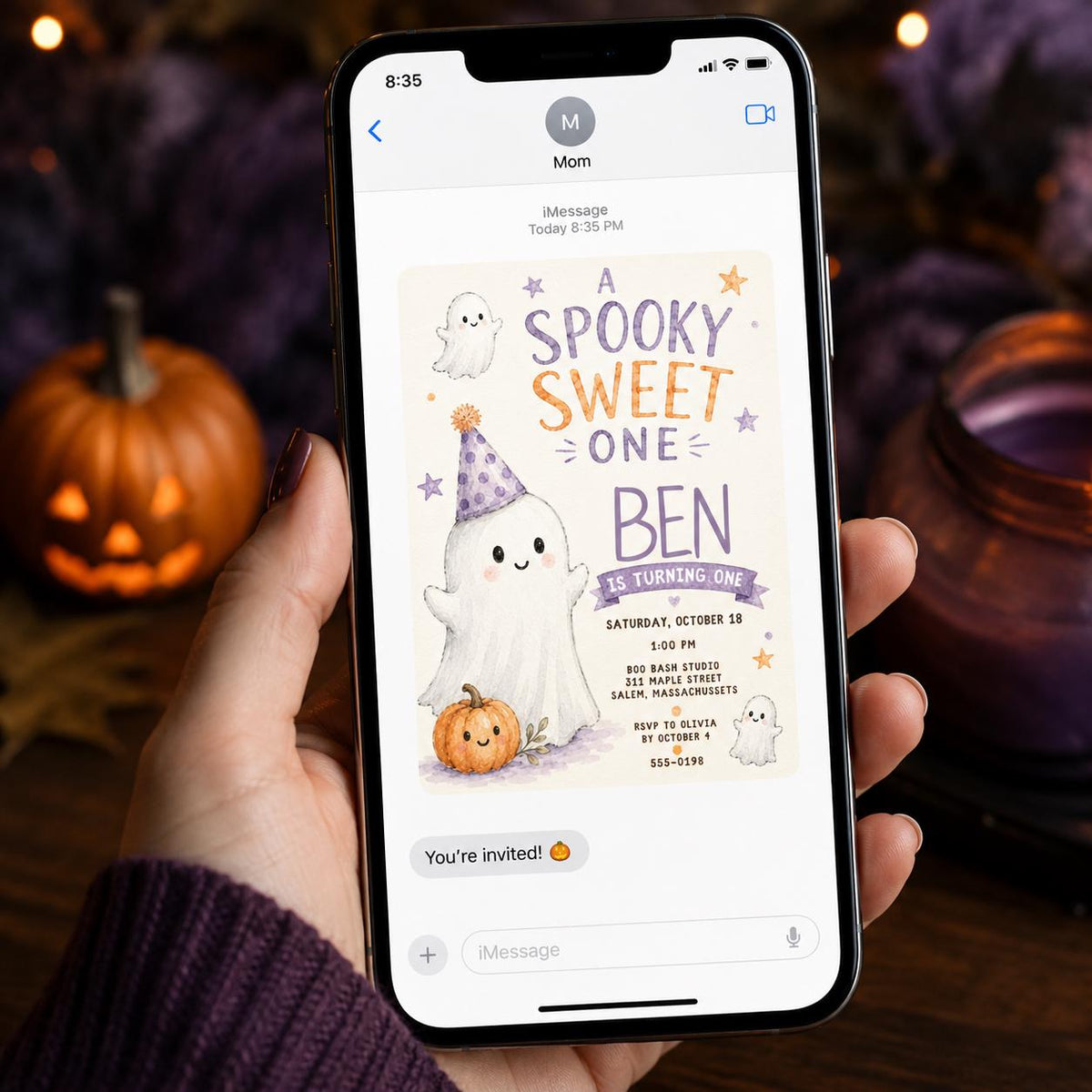 Purple and Orange Spooky Sweet One Birthday Invitation — ghost design