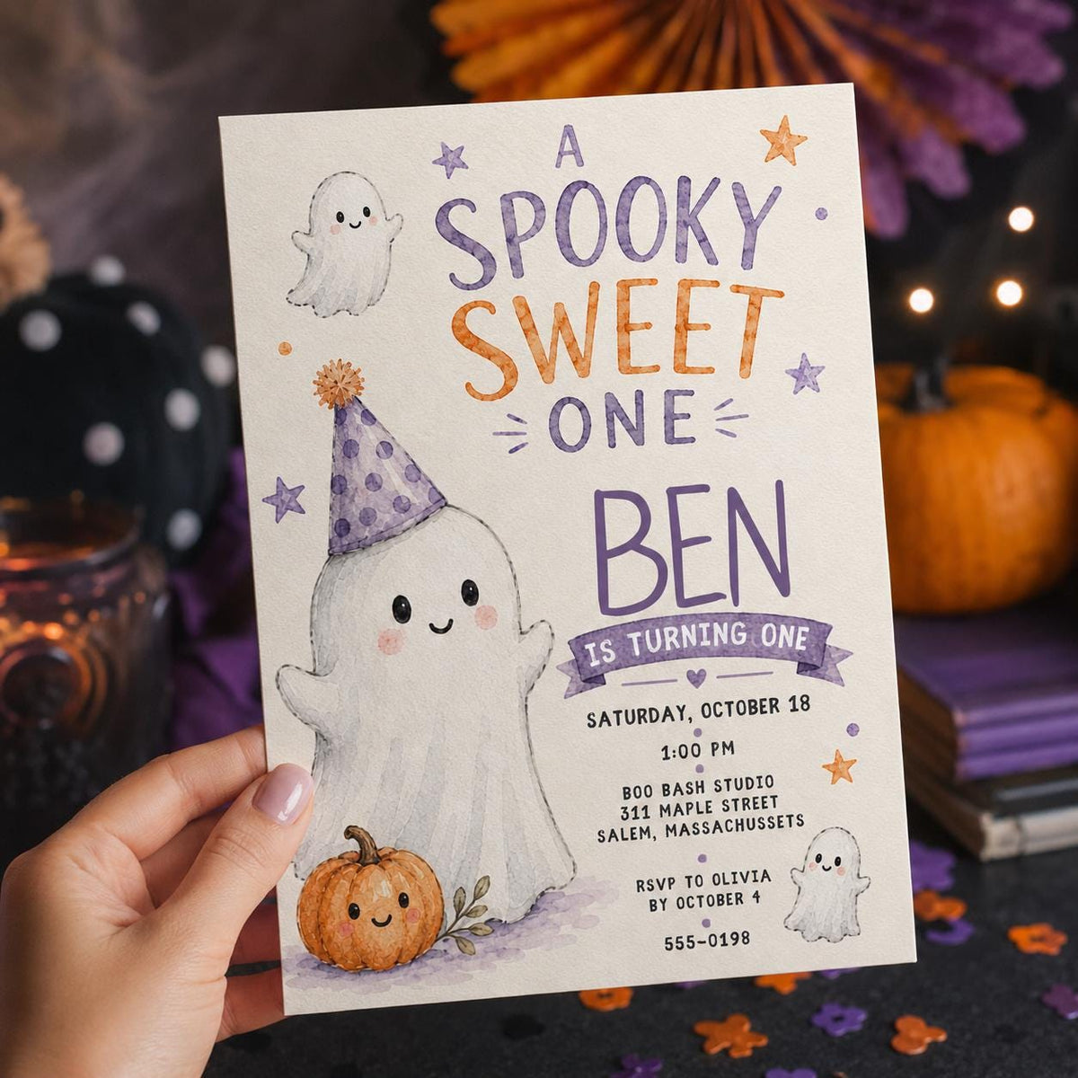 Purple and Orange Spooky Sweet One Birthday Invitation — invitation you personalize in Canva