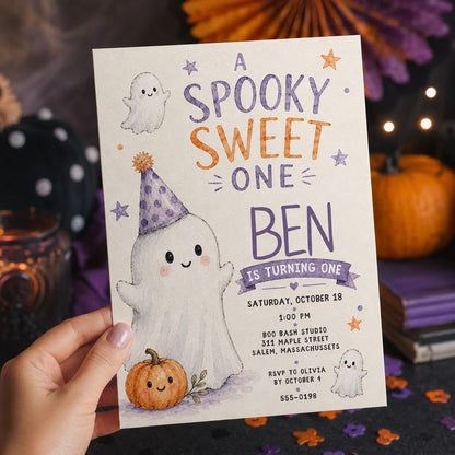 Purple and Orange Spooky Sweet One Birthday Invitation — invitation you personalize in Canva