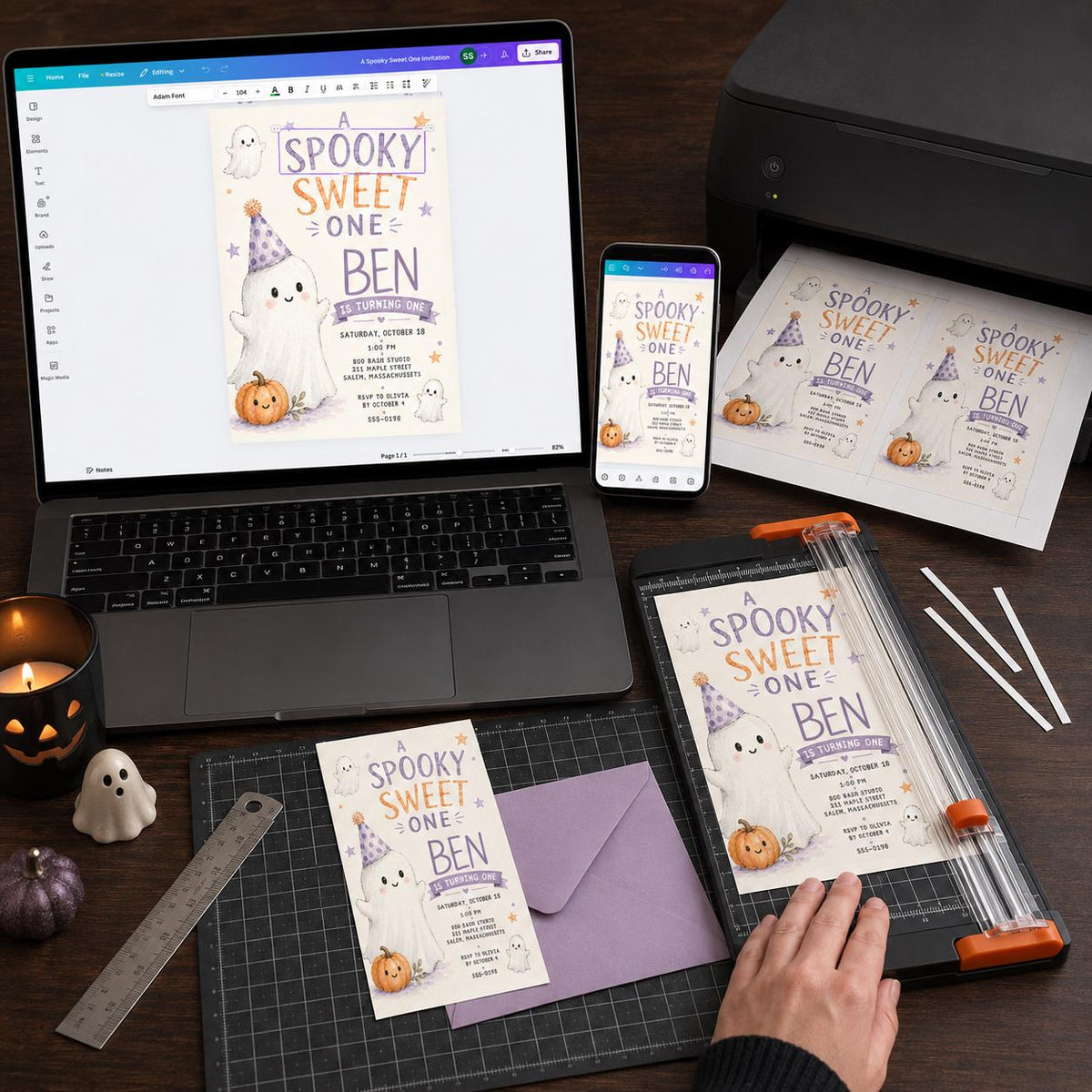Purple and Orange Spooky Sweet One Birthday Invitation — print-ready first birthday design from VoltBy