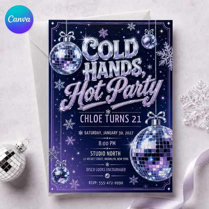 Purple and Silver 21st Birthday Disco Invitation — editable Canva template