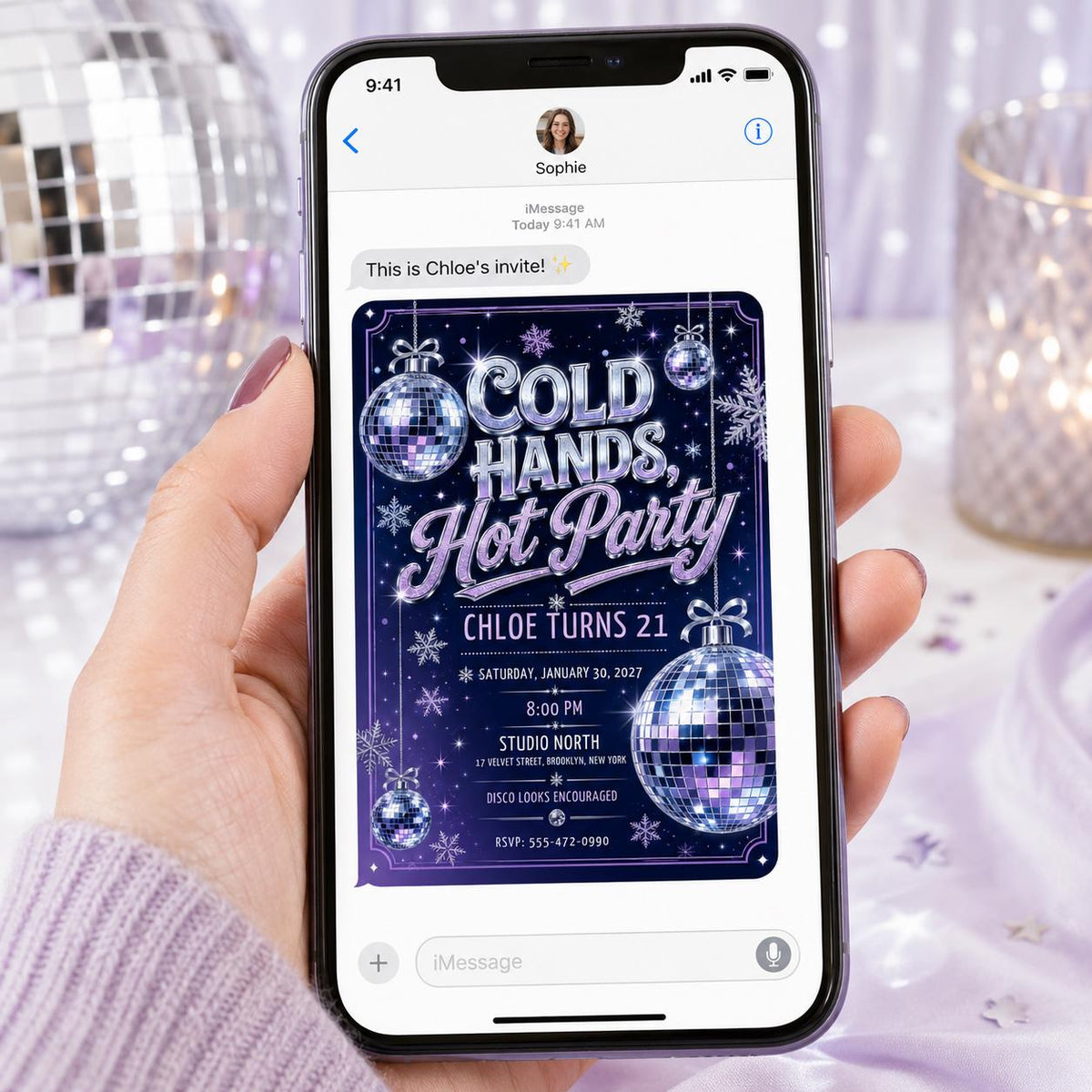 Purple and Silver 21st Birthday Disco Invitation — ball snowflake design
