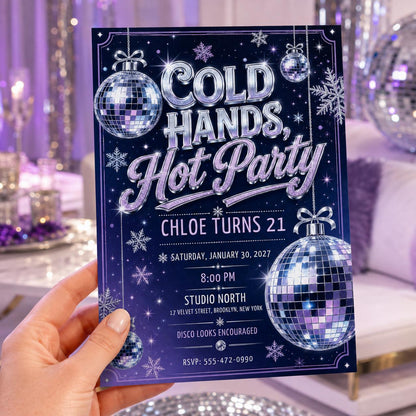 Purple and Silver 21st Birthday Disco Invitation — invitation you personalize in Canva