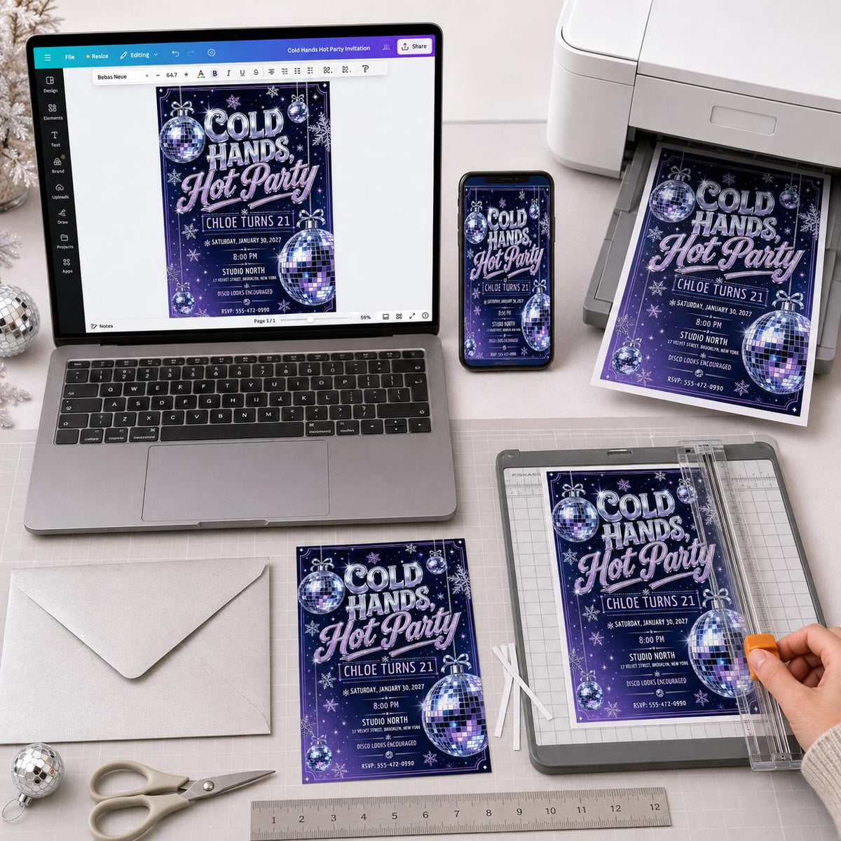 Purple and Silver 21st Birthday Disco Invitation — print-ready 21st birthday party design from VoltBy