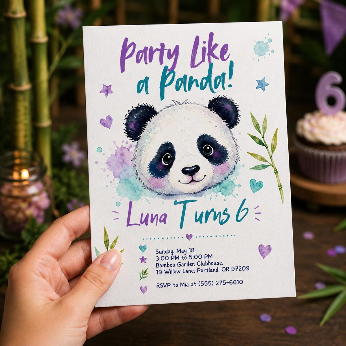 Purple and Teal Panda 6th Birthday Invitation — watercolor 6th birthday party design
