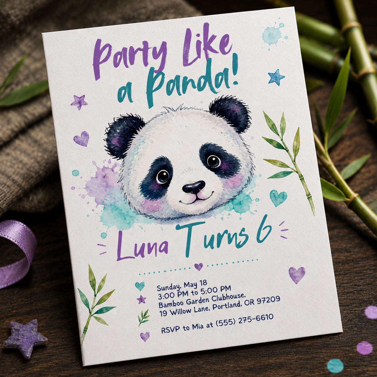 Purple and Teal Panda 6th Birthday Invitation — digital invitation, instant download