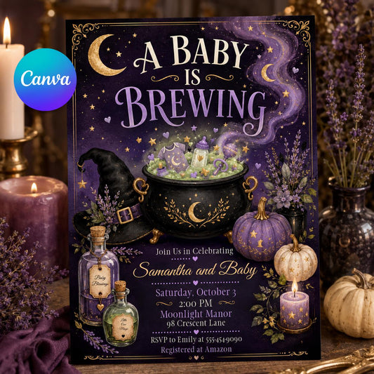Purple Celestial A Baby Is Brewing Invitation — editable Canva template