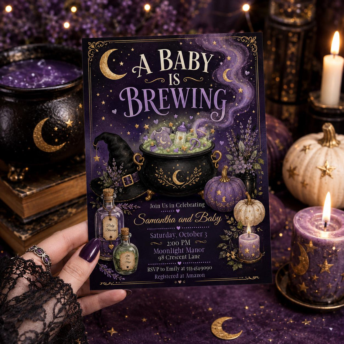 Purple Celestial A Baby Is Brewing Invitation — coffee design