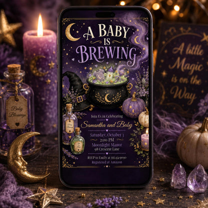 Purple Celestial A Baby Is Brewing Invitation — invitation you personalize in Canva