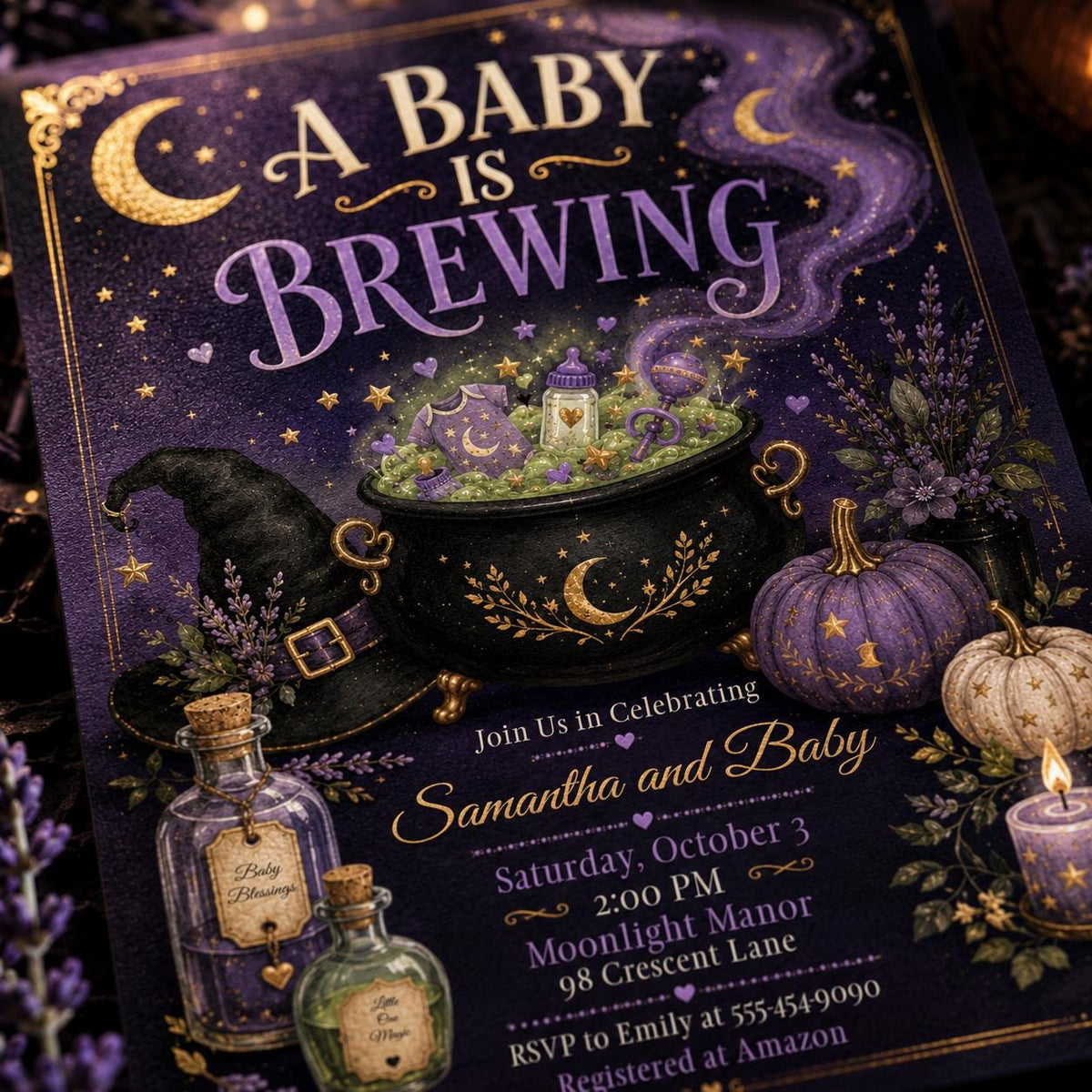 Purple Celestial A Baby Is Brewing Invitation — print-ready baby shower design from VoltBy