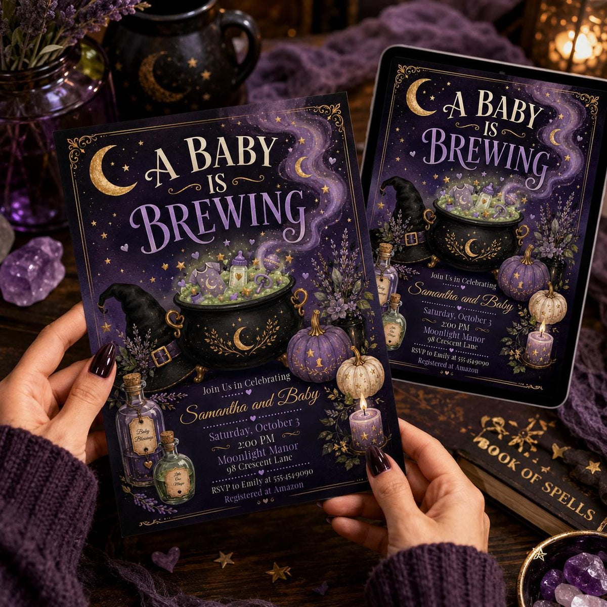 Purple Celestial A Baby Is Brewing Invitation — digital invitation, instant download