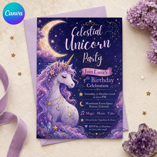 Purple Celestial Unicorn 5th Birthday Invitation for Girls — editable Canva template