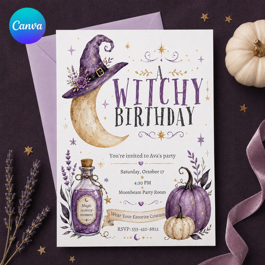 Purple Celestial Witchy Birthday Invitation — editable Canva template
