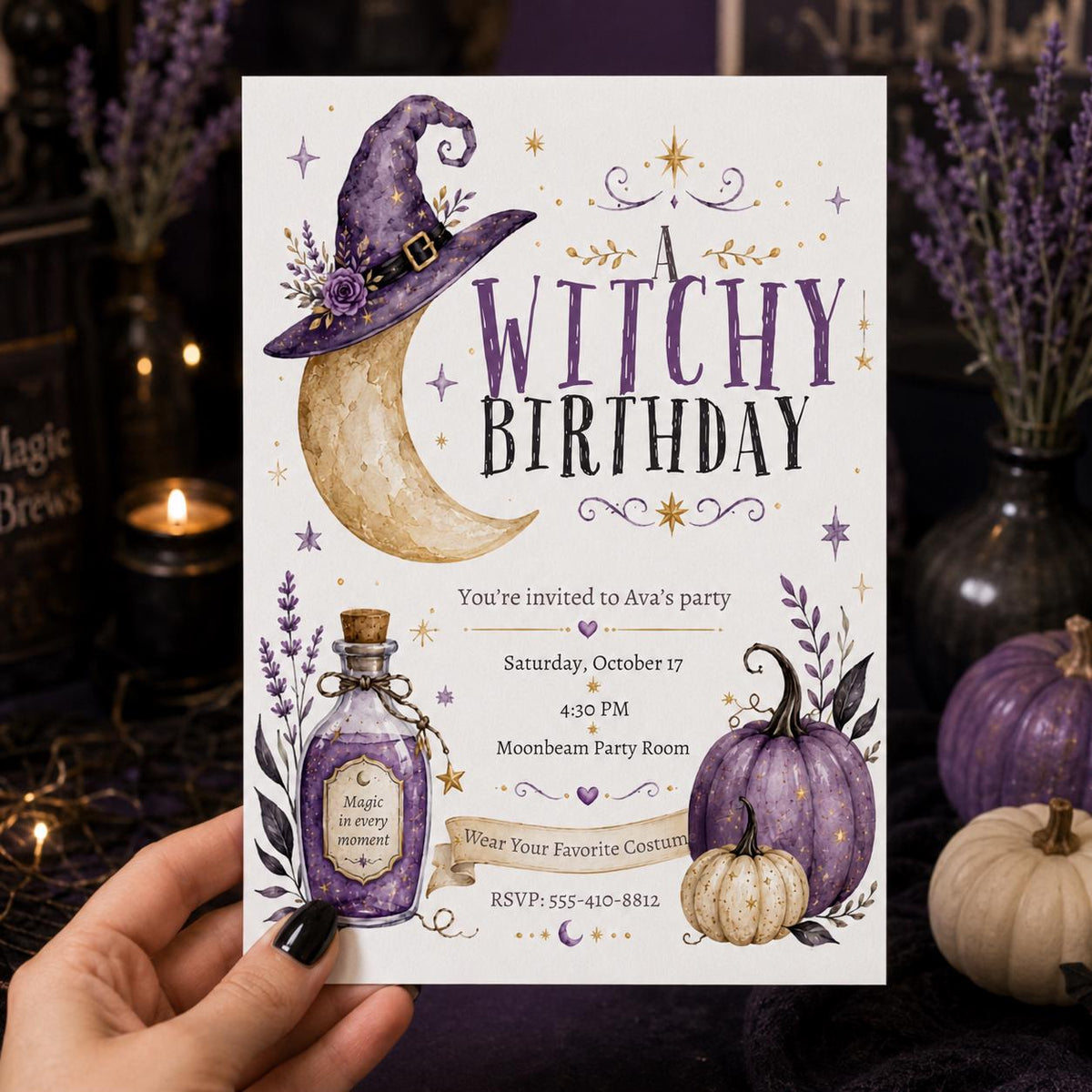Purple Celestial Witchy Birthday Invitation — magic design