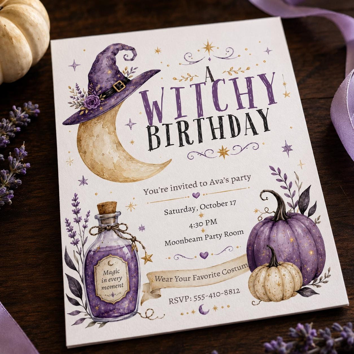 Purple Celestial Witchy Birthday Invitation — print-ready birthday party design from VoltBy