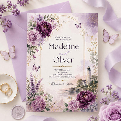 Purple Coastal Lighthouse Wedding Invitation — print-ready wedding design from VoltBy