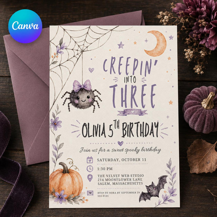 Purple Creepin Into Three Halloween Birthday Invitation