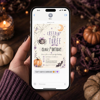 Purple Creepin Into Three Halloween Birthday Invitation — pumpkin and spider design
