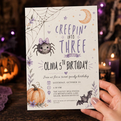 Purple Creepin Into Three Halloween Birthday Invitation — invitation you personalize in Canva