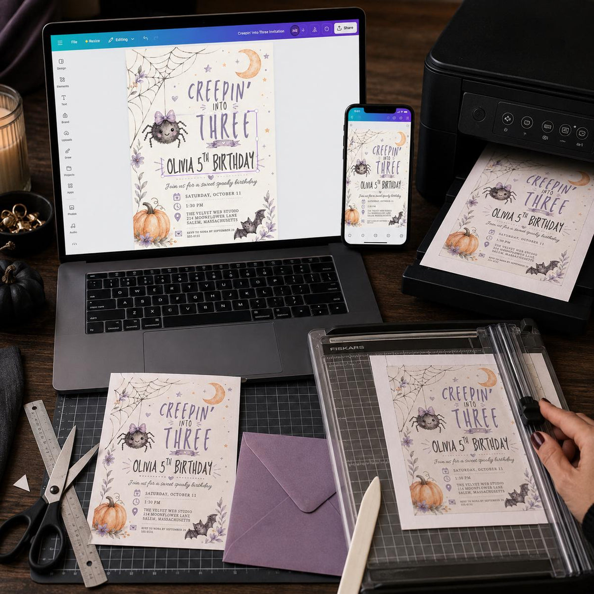 Purple Creepin Into Three Halloween Birthday Invitation — print-ready 3rd birthday party design from VoltBy