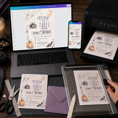 Purple Creepin Into Three Halloween Birthday Invitation — print-ready 3rd birthday party design from VoltBy