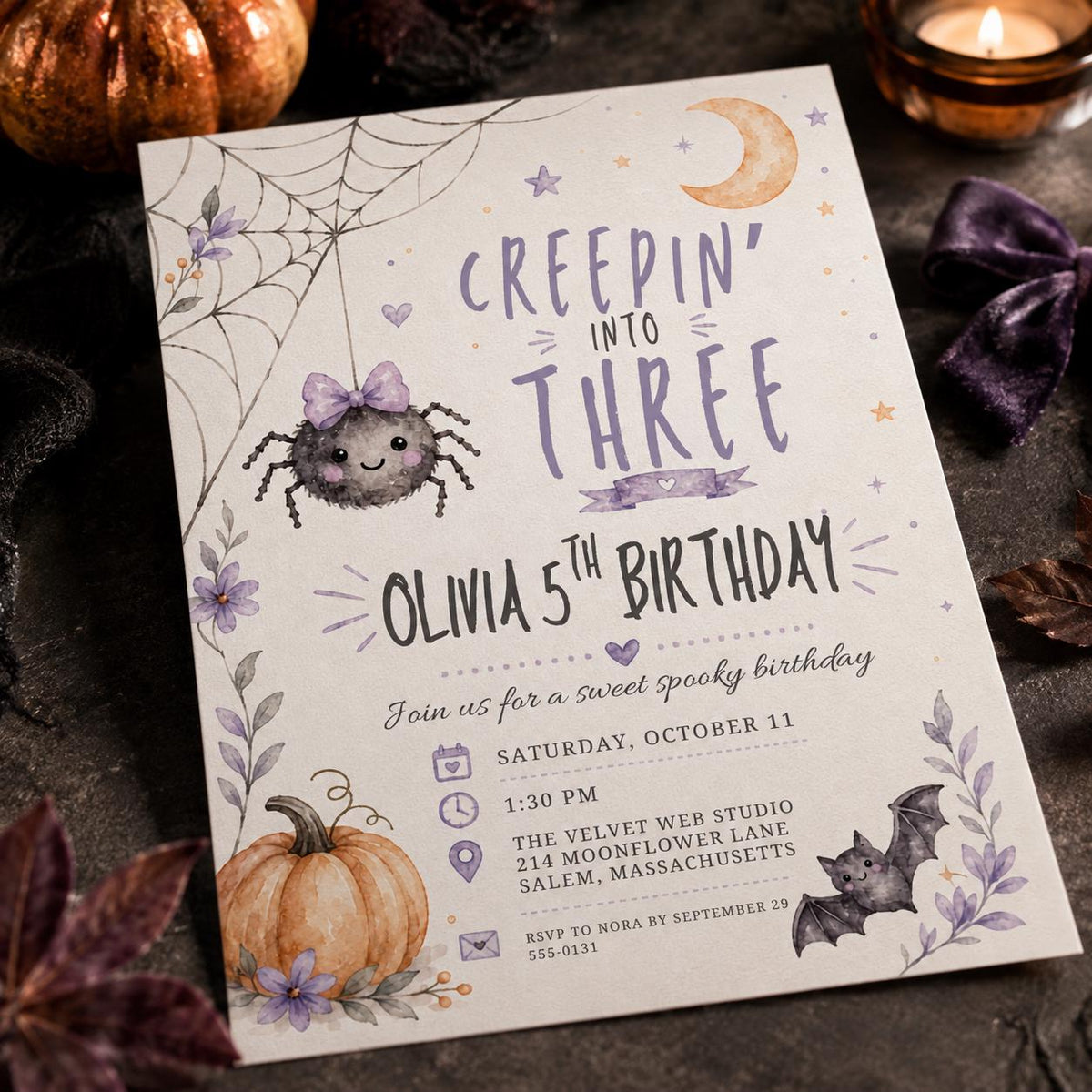 Purple Creepin Into Three Halloween Birthday Invitation — digital invitation, instant download