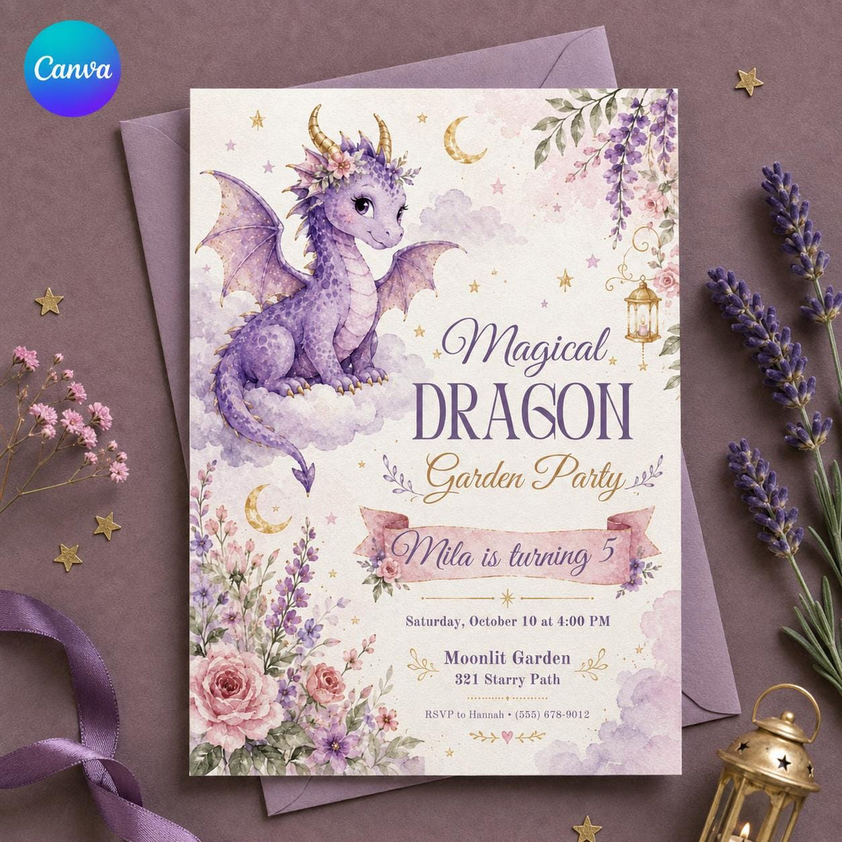 Purple Dragon Garden 5th Birthday Invitation — editable Canva template
