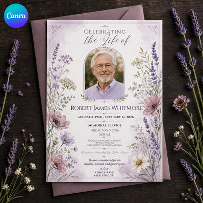 Purple Elegant Funeral Invitation — editable Canva template