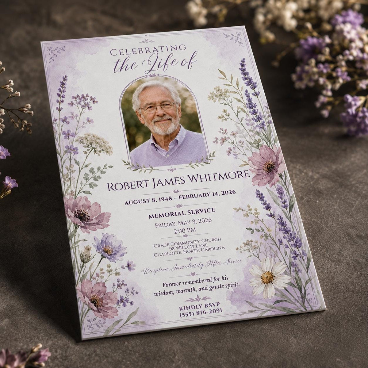 Purple Elegant Funeral Invitation — floral design