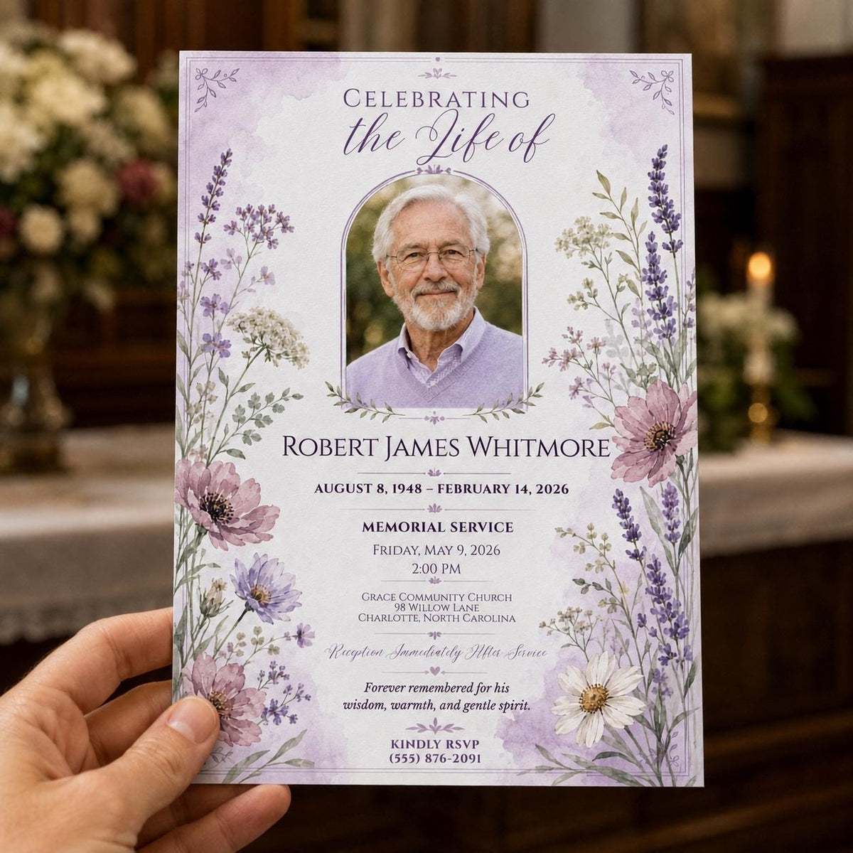 Purple Elegant Funeral Invitation — invitation you personalize in Canva