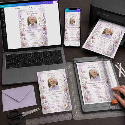 Purple Elegant Funeral Invitation — print-ready celebration of life design from VoltBy