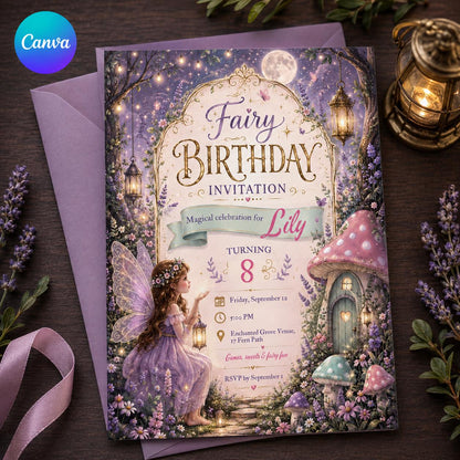 Purple Fairy 8th Birthday Invitation for Girls — editable Canva template