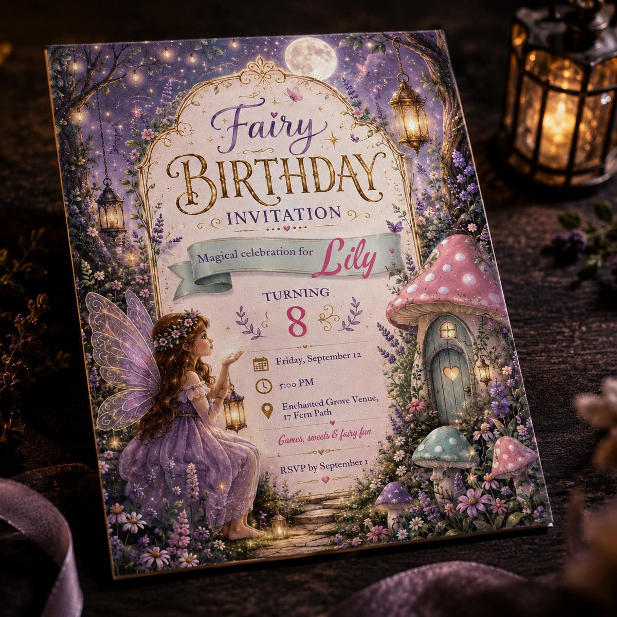 Purple Fairy 8th Birthday Invitation for Girls — garden design