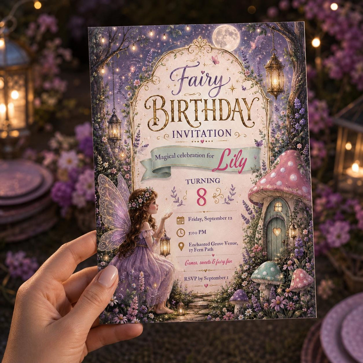 Purple Fairy 8th Birthday Invitation for Girls — print-ready 8th birthday party design from VoltBy