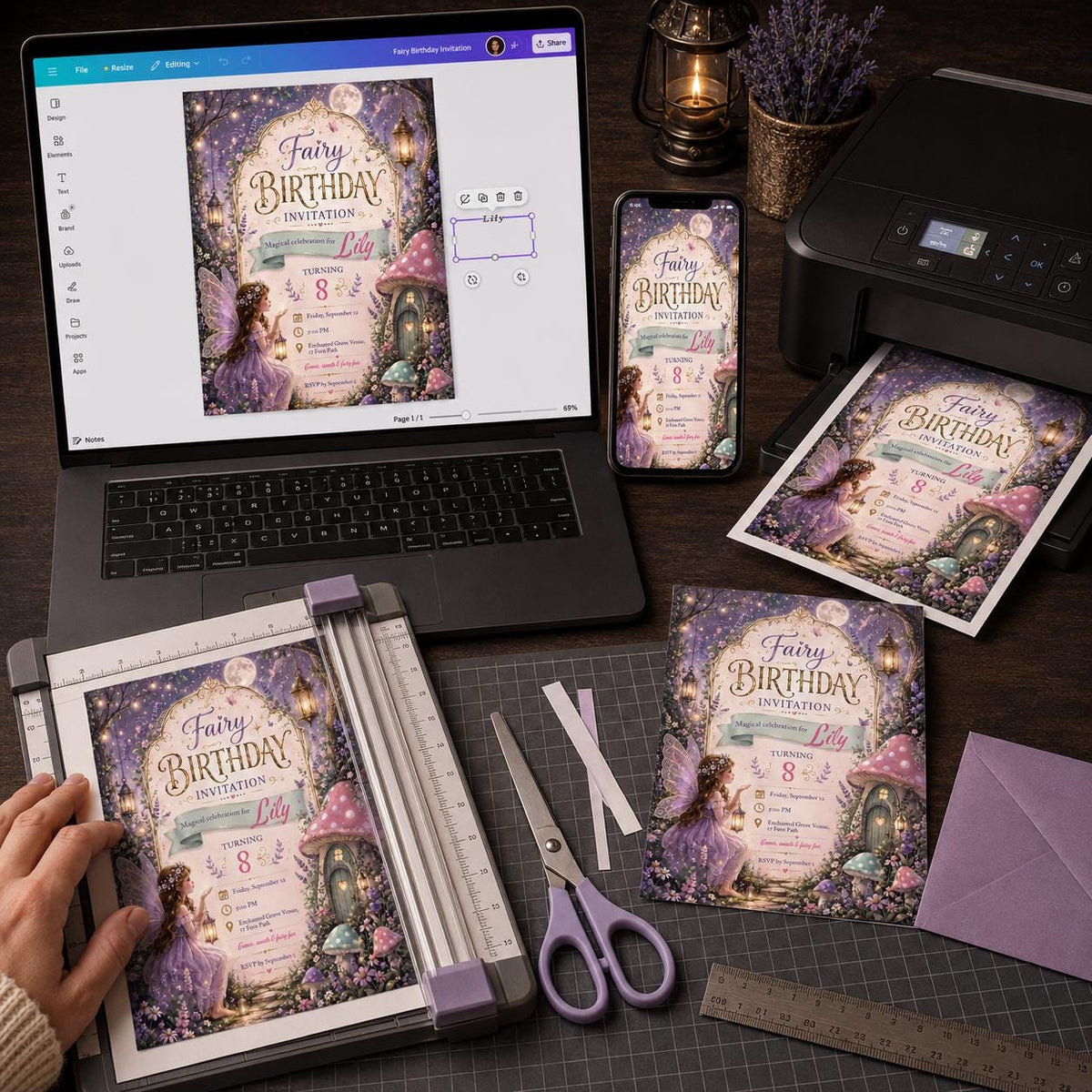Purple Fairy 8th Birthday Invitation for Girls — digital invitation, instant download