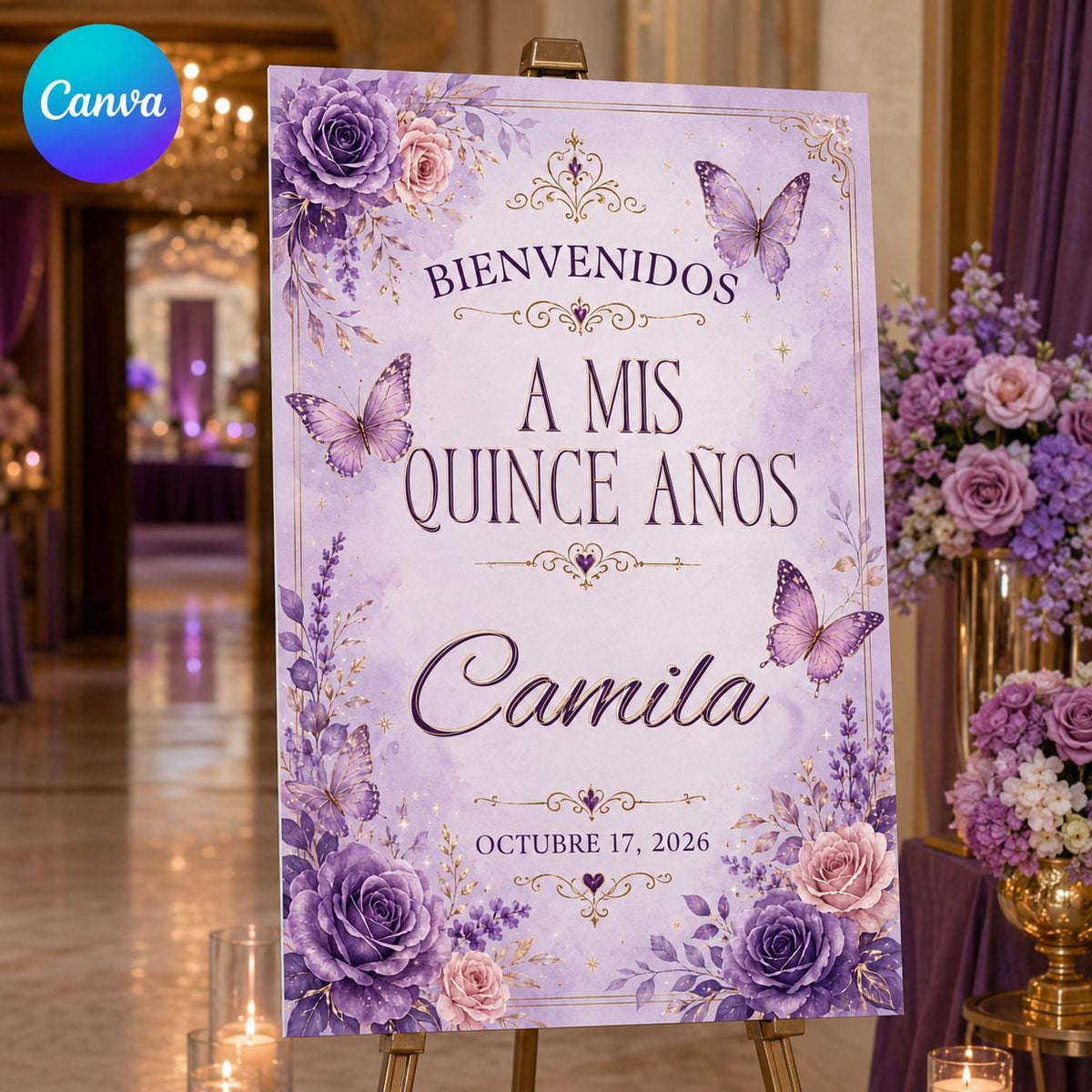 Purple Floral Quinceañera Welcome Sign — editable Canva template